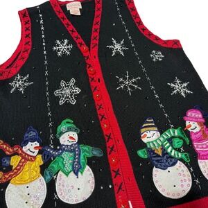 VTG Basic Editions Holiday Women's 1X Sweater Vest Snowman Sequin Christmas Snow